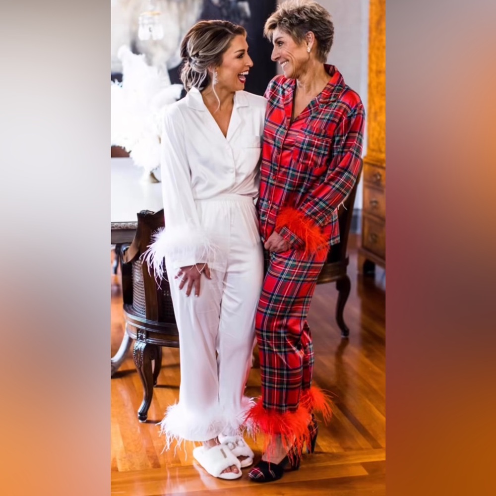 Christmas plaid satin feathered pajama set